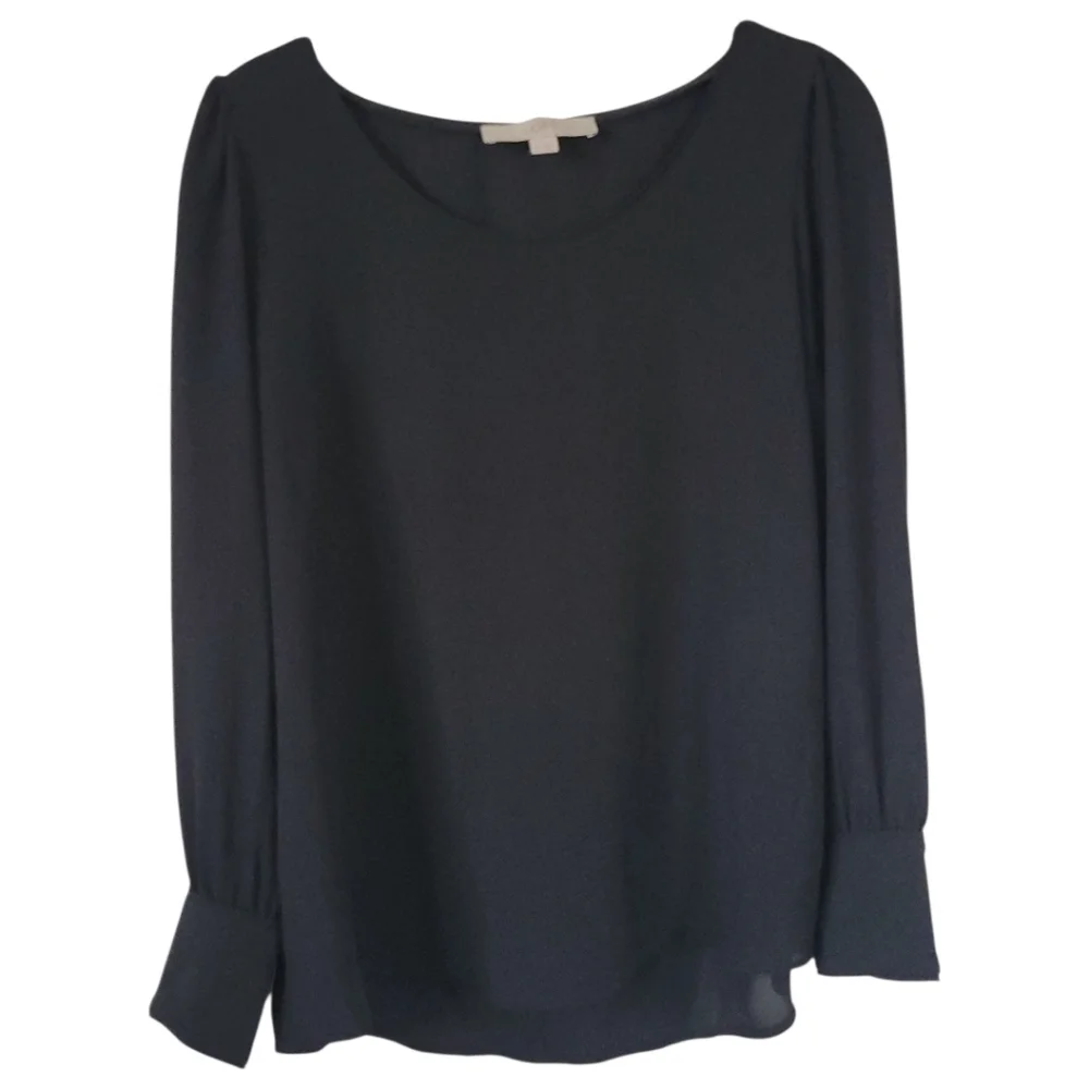 LOFT Small Petite Black Semi Sheer Blouse Puff Sleeve Button Cuff Classic Top